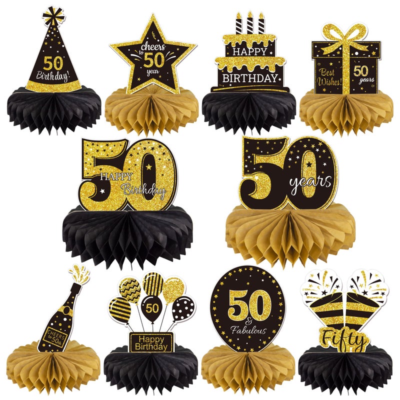 Gexolenu 10 Pcs 50th Birthday Honeycomb Centerpieces Gold Black Cheers to 50 Years Birthday Centerpieces Tables Toppers for 50th Birthday Decorations 50 Fabulous Birthday Party Decorations Supply - Image 1